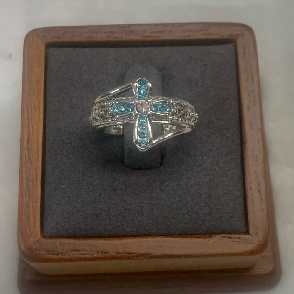 Rhinestone Sterling Silver Plated Cross Ring Blue Sparkly Stone